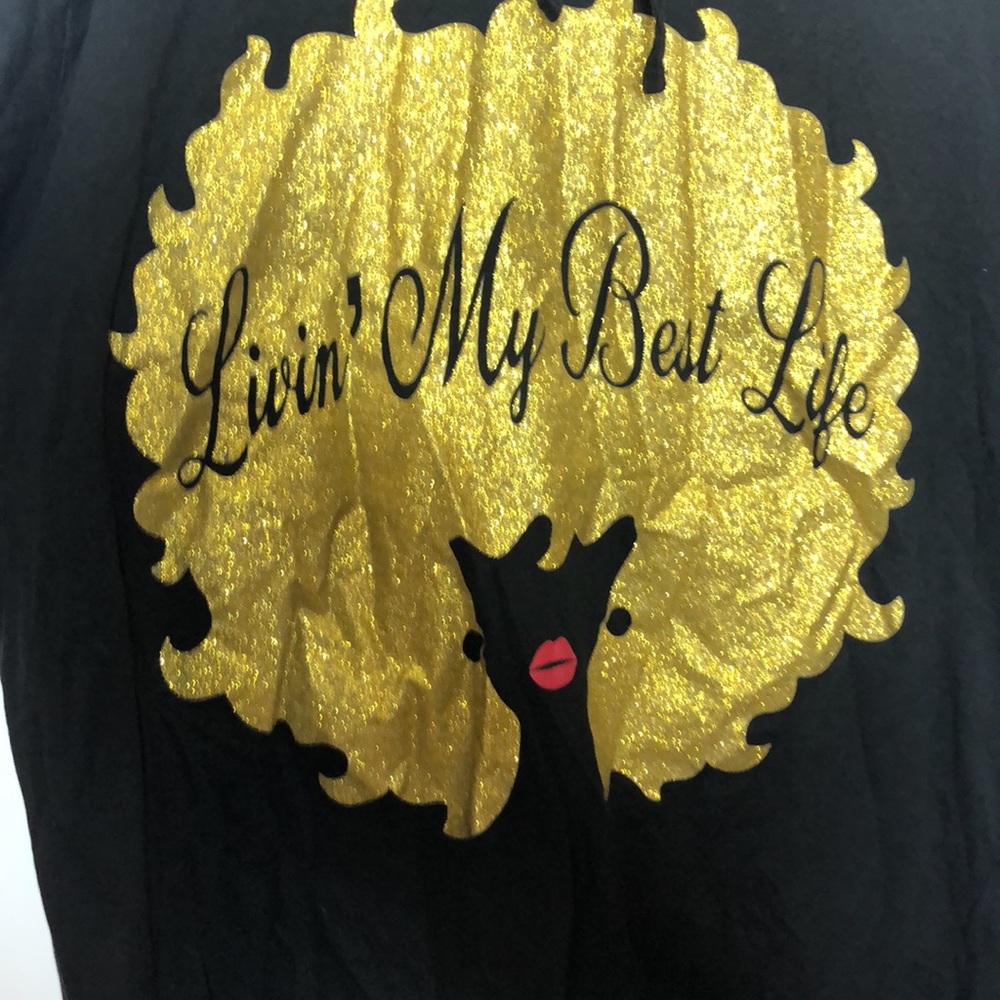 On Fire Hoodie Womans Black Living my Best Life Gold Glitter 2X PLUS SIZE - Picture 3 of 7